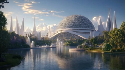 Fototapeta premium A futuristic cityscape featuring a large dome structure surrounded by spires and water.