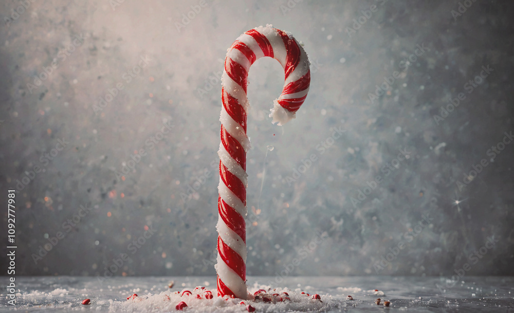 Aufkleber red and white candy cane is sitting on a table. the cane is covered in snow. the snow is on the grou