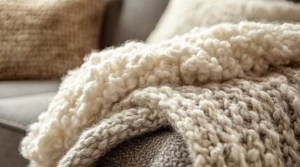 Cozy knit blankets on a sofa living room home decor indoor close-up comfort and relaxation theme