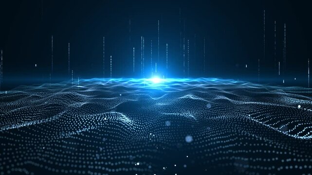 Digital waves of particles emit light and stream of data points, big data visualization, futuristic or technological abstract background with moving dotted dotted surface. Animation of seamless loop.