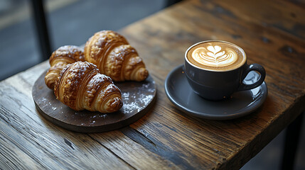 A freshly brewed cup of coffee served alongside a selection of warm, golden croissants on a rustic wooden table 