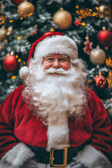 Santa Claus near Christmas tree vertical retro style portrait.