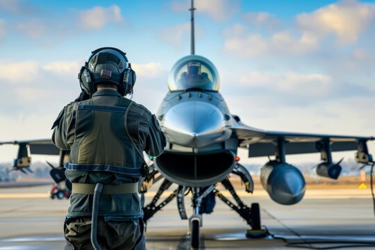 Military Pilot Preparing F-16 Fighter Jet for Mission with Focus on Aircraft and Precision Engineering Against Beautiful Sky Background