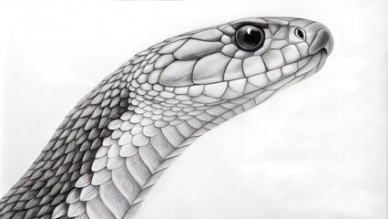 Black-and-white snake head illustration with scales detail