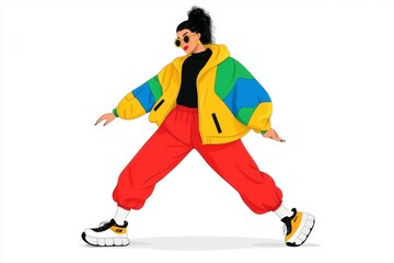 Fototapeta premium Bright 2D depiction of an aerobics instructor leading a fun routine, with exaggerated movements and a white backdrop