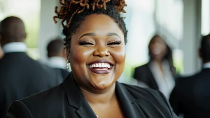 African curvy businesswoman laughing and standing in front of camera at a conference in a modern office setting with colleagues in the background - Models by AI generative