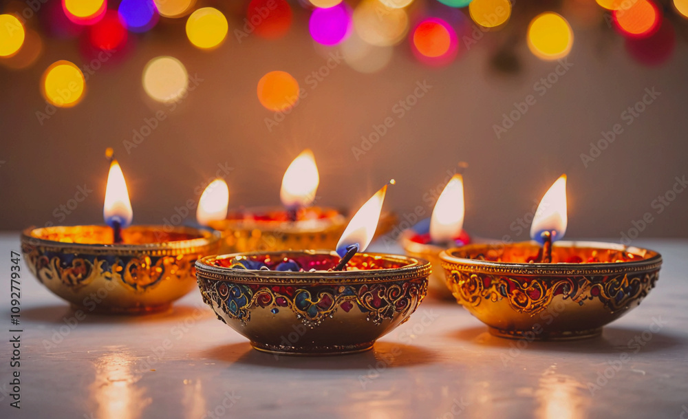 Poster row of gold and blue lit candles are arranged in a row on a table. the candles are lit and are evenl