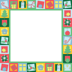Winter vector square frame of xmas holiday icons. Modern geometric christmas mosaic, isolated. Vector Festive bright minimalist decoration, Background, backdrop for theme of Christmas, new year