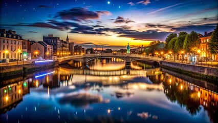 Majestic Silhouette of Liffey River at Night: Captivating Reflections and Urban Landscape Under Starry Sky