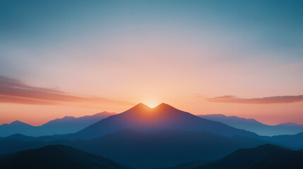 Fototapeta premium breathtaking sunset over mountain peaks, casting warm hues across sky and valleys, creating serene and tranquil atmosphere.