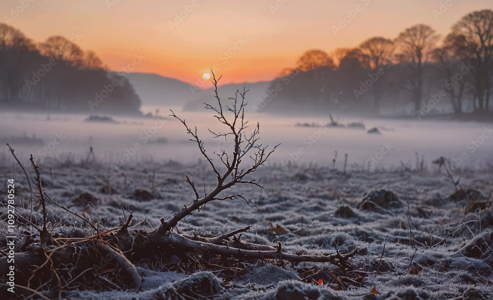 Poster tree branch is laying on the ground in a field. the sky is orange and the sun is setting