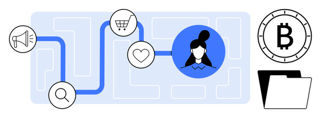 Icons of search, megaphone, shopping cart, heart, user profile, Bitcoin, and files connected by a path. Ideal for marketing, e-commerce, customer journey, cryptocurrency, user experience, digital