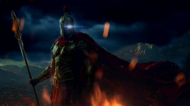 A warrior standing with a glowing spear in a fiery battlefield under a dark stormy sky. Seamless looping 4K time-lapse animation video background.
