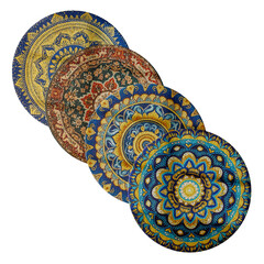 Four round plates with blue and yellow designs