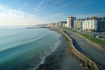 Coastal view of beachside promenade and buildings during morning light in a serene environment