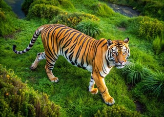 Fototapeta premium Majestic Tiger Walking in a Minimalist One Line Drawing Style Captured from Above with Drone Photography, Showcasing Nature's Beauty and Wildlife Artistry
