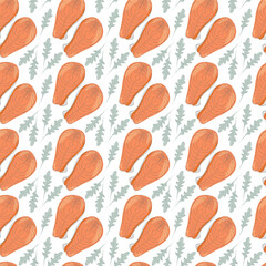 Salmon steaks and Arugula leaves Seamless Pattern. Healthy Eating Wallpaper or background texture