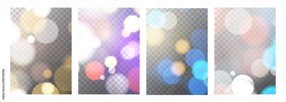 Aufkleber set of festive bright bokeh lights. transparent background. abstract blurred overlay designs. vibran