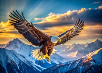 Obraz premium Majestic White-Tailed Eagle in Flight Above Serene Landscape: Captivating Portrait Photography Showcasing Nature's Beauty and Power in Stunning Detail and Clarity