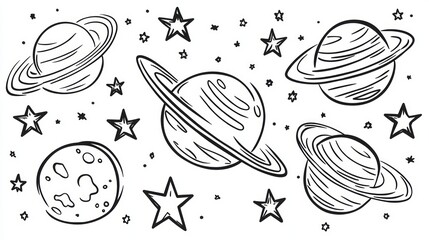 Visually appealing illustration of planets and stars capturing the beauty of the cosmos in a creative black and white design