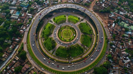 Fototapeta premium Vibrant aerial view of a roundabout surrounded by greenery and urban structures at midday