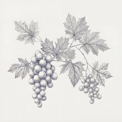 Fototapeta premium A vintage black-and-white botanical illustration of a grapevine with leaves and clusters, ideal for artistic or educational purposes.