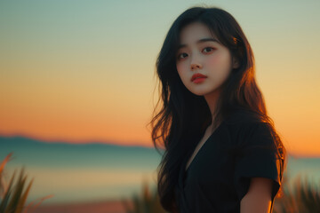 Fototapeta premium young woman with long black hair stands against sunset backdrop, exuding serene and contemplative mood. warm colors of sky enhance tranquil atmosphere.