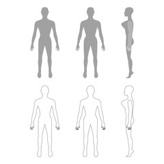 Full length front, back, side view of a lean bald standing naked woman silhouette, isolated on white background. Vector illustration. 