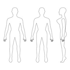 Full length front, back, side view of a lean bald standing naked woman silhouette, isolated on white background. Vector illustration. 