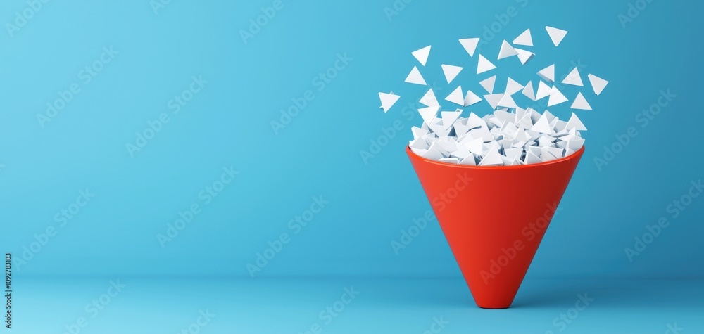 Poster funnel pyramid concept. a red cone filled with white paper planes against a blue background, creatin