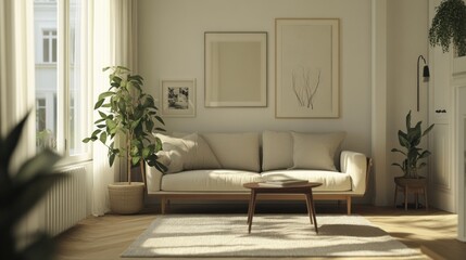 A living room with a white couch, a coffee table, and a potted plant
