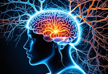 Human brain with intricate neurons and nervous system glowing with vibrant lights. illustration of human brain