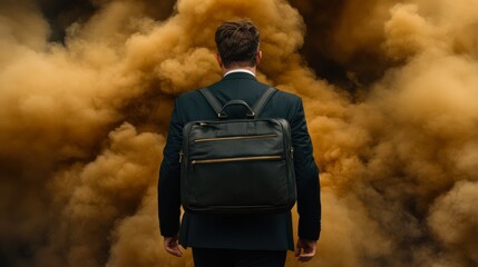A suited man stands with a backpack, enveloped by dramatic clouds of yellow smoke, symbolizing mystery or challenges, Ideal for themes of business, ambition