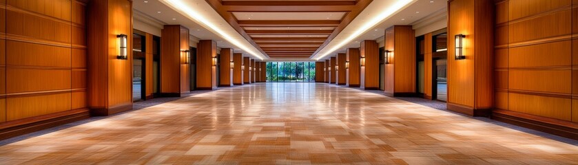 A spacious, elegantly designed corridor featuring warm wooden walls and ambient lighting, ideal for use in architecture, interior design, and hospitality marketing materials,