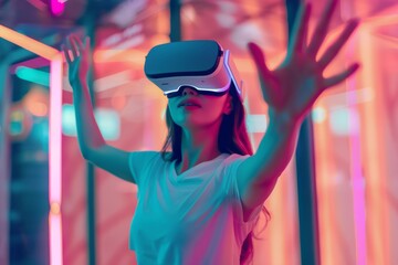 Obraz premium Woman Engaging in Virtual Reality Experience with Headset Surrounded by Neon Lights in Futuristic Environment