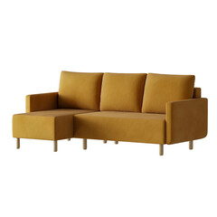 A yellow couch with three cushions and a wooden frame