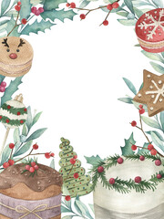 Watercolor frame with branches holly, mistletoe and cakes. Christmas  menu, border, winter decor. Hand drawn illustration