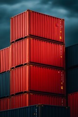 Fototapeta premium A stack of red shipping containers against a moody sky, showcasing industrial strength and logistics, Ideal for themes related to shipping, freight transport, or supply chain management,