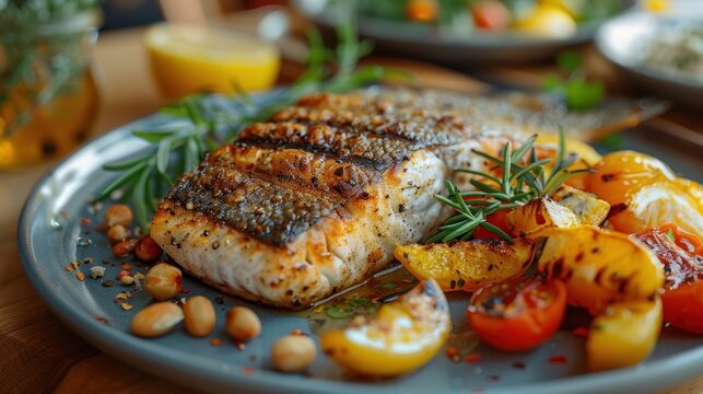 Portrait of a Person Enjoying a Dukan Diet Meal, with Grilled Fish, Vegetables, and Diet-Approved Foods in a Bright Dining Area