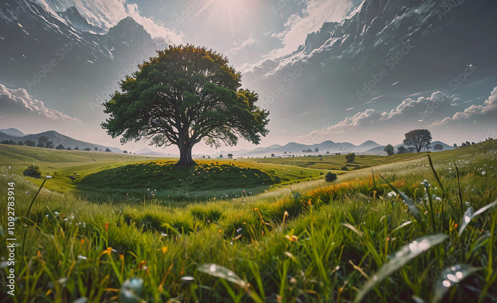 Poster Large tree is in the middle of a field. The field is green and has a lot of grass