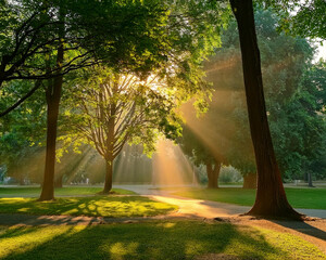 In a tranquil forest, sunbeams shine through tall trees, creating a soft, peaceful atmosphere filled with natural light, ai.