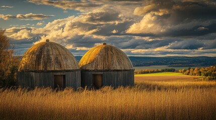 Bioenergy Production Industry Concept, Unique Biogas Storage Domes Surrounded by Lush Landscape Under Dramatic Sky: A Stunning Representation of Sustainable Energy Solutions and Innovation