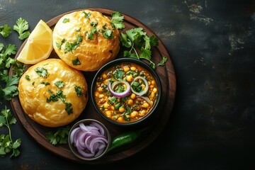Indian cuisine - Chole Bhature with Pickles, Onions, and Chutney on Black Slate Background
