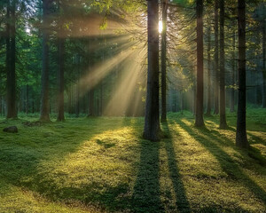 Fototapeta premium In a tranquil forest, sunbeams shine through tall trees, creating a soft, peaceful atmosphere filled with natural light, ai.