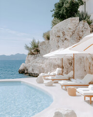 Dreamy Coastal coast Gardenland is a cozy hotel in Italy, surrounded by picturesque gardens. It has comfortable rooms, a swimming pool, a restaurant. 3D render.