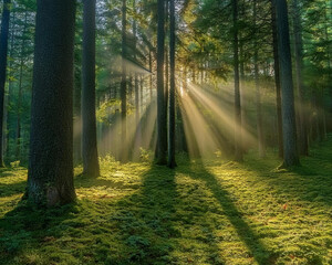 Obraz premium Soft light illuminates a peaceful forest as sunbeams shine through the tall trees, enhancing the tranquil setting, ai. 