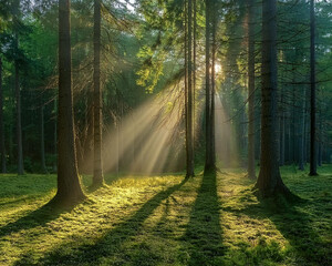 Obraz premium Soft light illuminates a peaceful forest as sunbeams shine through the tall trees, enhancing the tranquil setting, ai. 