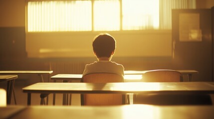 Fototapeta premium Child Seated at Desk in Soft Lit Classroom