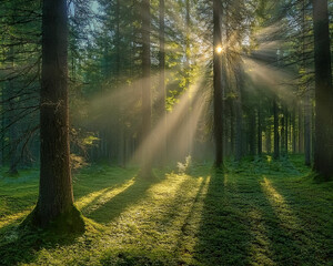 Obraz premium Sunbeams filter through tall trees in a serene forest, creating a tranquil atmosphere bathed in soft light, ai.