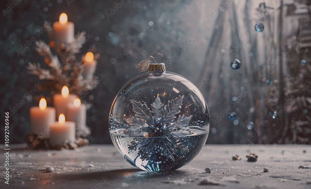 Poster Glass ball with a snowflake inside of it. There are candles in the background